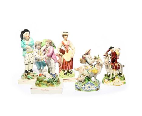 Five Staffordshire figure groups, 1st half 19th century, including a matched pair of figures of the Tailor and his Wife, a gr