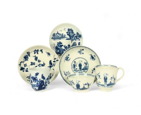 Two Worcester blue and white cups and saucers and a trio, c.1758-65, the trio painted with the Waiting Chinaman pattern, one 