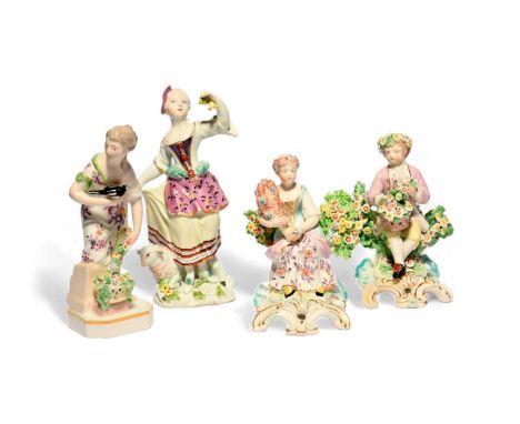 A pair of Derby figures of the Infant Seasons, c.1770, emblematic of Spring and Summer, a Derby figure of a shepherdess with 