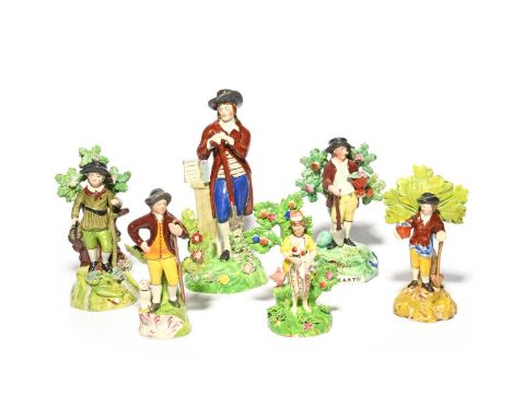 Six Staffordshire figures, c.1820-30, three of gardeners holding spades or flower pots, one of a haymaker holding a small bar