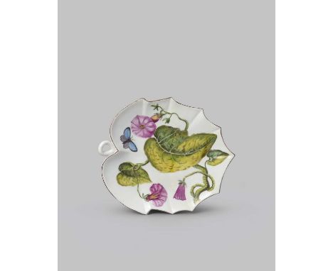 A Chelsea Hans Sloane leaf dish, c.1755, painted with a large botanical specimen of pink convolvulus, a blue butterfly to one