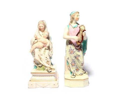 Two Derby porcelain figures, c.1780-90, one of the Madonna and Child, seated and raised on a Classical base, incised N138, th