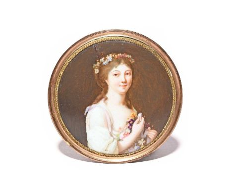 A French enamel portrait plaque, 2nd half 18th century, painted with a young woman, possibly emblematic of Summer, wearing a 
