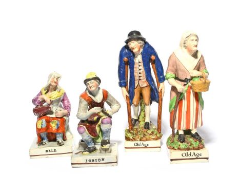 Two pairs of Staffordshire figures, c.1810-30, a pair depicting Jobson and Nell, the old cobbler and his companion seated and