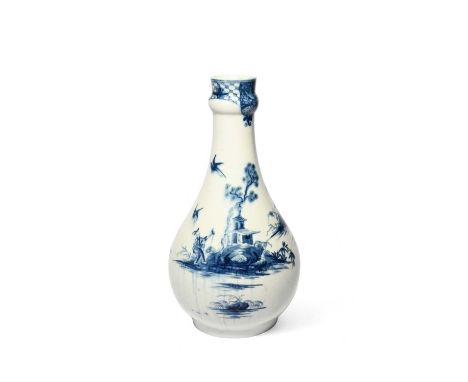 A Worcester blue and white water bottle or guglet, c.1760, painted with the Willow Bridge Fisherman pattern, a figure travers