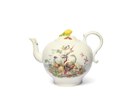 A large and rare Derby punch pot and cover, c.1760, well painted with dishevelled birds perched on and beneath low leafy bran