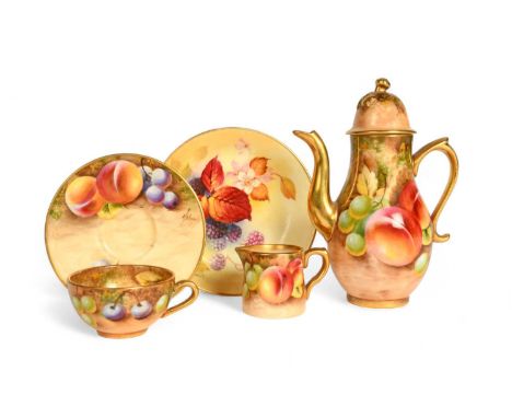 A Royal Worcester miniature fruit-painted coffee pot and cover, date code for 1958, painted with peaches and grapes, signed, 