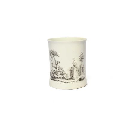 A small Worcester Scratch Cross mug, c.1755, of slight waisted form, printed in black in the Smoky Primitive manner with The 
