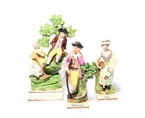 Three Staffordshire pearlware figure groups of haymakers, 1st half 19th century, including a couple seated on a tall rocky ba