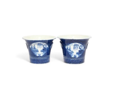 A rare pair of Bow blue and white flower pots, c.1762-65, the flared bucket shapes painted with fan-shaped panels of Oriental