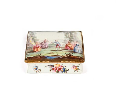 An English enamel snuff box, c.1780, the lid decorated with figures playing a game in a woodland setting, the waisted sides w