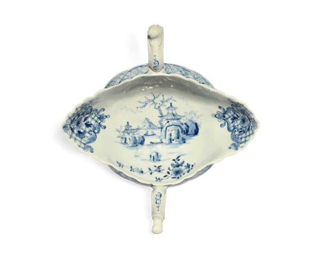 A large Worcester two-handled blue and white sauceboat, c.1755-58, the generous form painted to the interior with the Two-Han