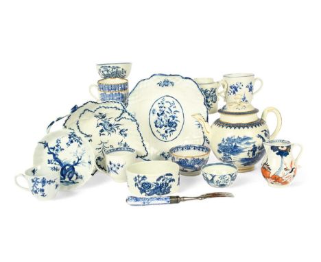 A group of English blue and white porcelains, c.1755-80, including a Philip Christian (Liverpool) oval potting pot printed wi