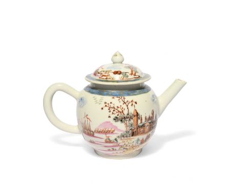 A Chinese porcelain teapot and cover, Qianlong (1736-95), painted to both sides with an extensive harbour scene depicting fig
