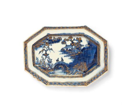 A rare Samuel Gilbody (Liverpool) dish, c.1758-60, the elongated octagonal form painted in underglaze blue and highlighted in