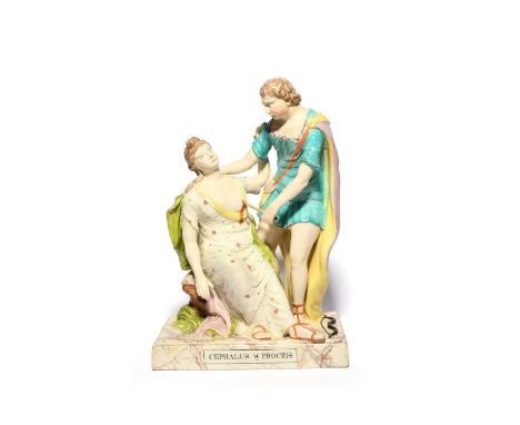 A large Lakin & Poole (Staffordshire) figure of Cephalus and Procris, c.1800-10, the Greek princess slumped on low rocks whil