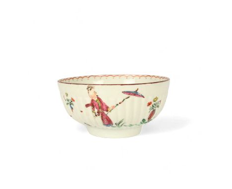 A small and rare Bristol reeded bowl, c.1775, with a band of finely fluted moulding, painted in polychrome enamels with Chine