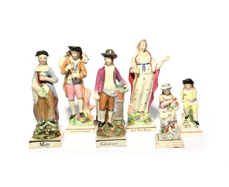 Three near pairs of Staffordshire figures, c.1800-20, one of the Lost Sheep Found and the Lost Piece Found, a pair of a garde