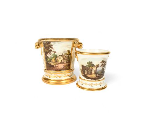 Two Herculaneum porcelain câchepots and stands, c.1810, the flared forms painted with figures before barns and cottages in ru