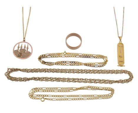 A group of 9ct jewellery and others9ct gold band, stamped '9.375', Birmingham hallmarks; two 9ct gold fancy link chains, both