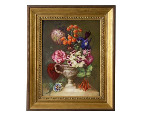 An early 19th century Grainger Worcester painted porcelain Botanical plaque painted with a flower filled Warwick vase on a ma