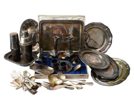 A collection of mostly French electroplate to include cocktail shakers, trays, flatware etc.comprising a Christofle cocktail,