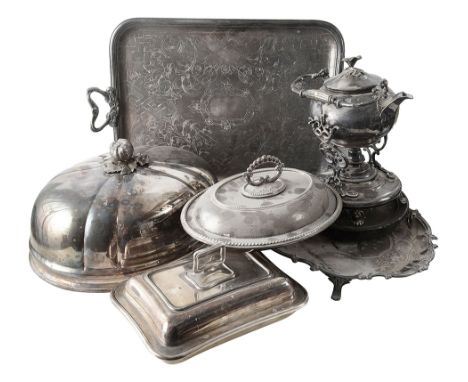 A large Victorian electroplated meat dome and other silver plated itemsfirst by Elkington and Co, of lobed form with detachab