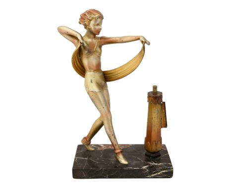 After Josef Lorenzl (1892-1950) an Art Deco painted spelter figural table lightermodelled as a scarf dancer, on a marble base