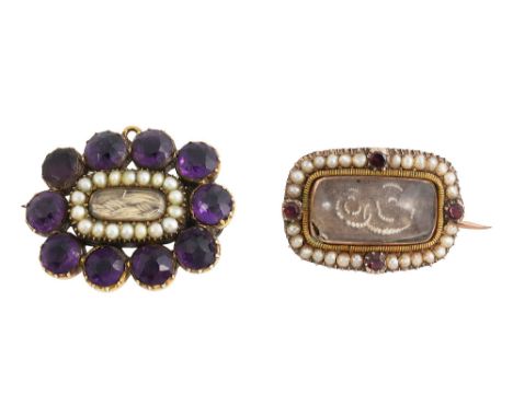 Two Georgian broochesa Georgian rectangular brooch with plaited hair beneath a central glazed compartment to the centre and a