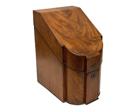 A George III mahogany knife boxebony and boxwood strung and of breakfront form, the hinged lid revealing a later stationary f