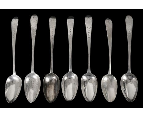 A matched set of seven George III Irish bright cut Celtic Point tablespoons of which five Dublin, 1790 John Pittar together w