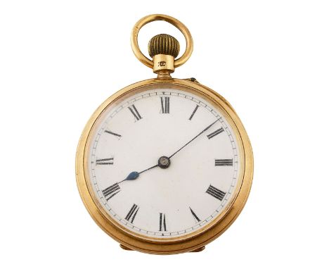 An 18ct gold open faced keyless pocket watch circular white enamel dial with black Roman numeral,s minute track and  blued st