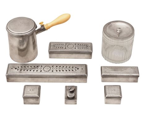 A set of late George III silver toilet boxes an inkwell and a shaving mug London, 1813/14, William Parker each piece engraved