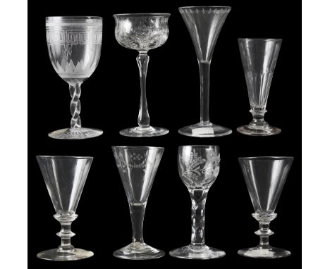 19th century and later drinking glassescomprising a plain stem wine glass with drawn trumpet bowl engraved with 'OXO' border,