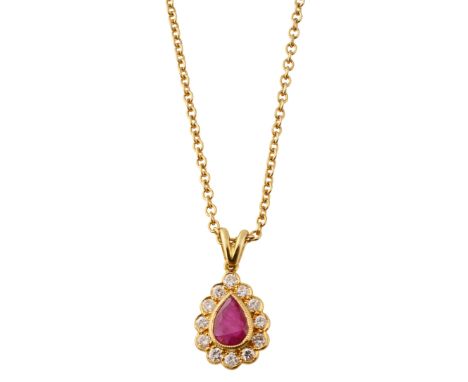 A ruby, diamond-set and 18ct yellow gold pendantthe pear-shaped ruby collet set above a surround of brilliant-cut diamonds, L
