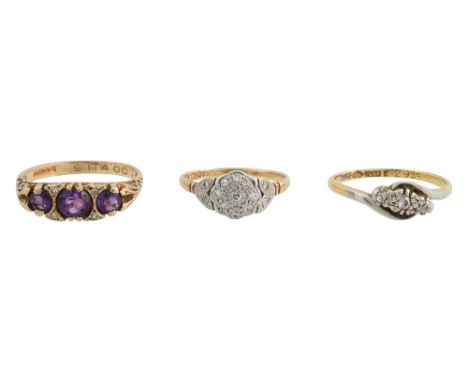 A group of three gem set rings three old-cut diamond ring, stamped '18ct Plat'; a diamond-set floral cluster ring, stamped 'P