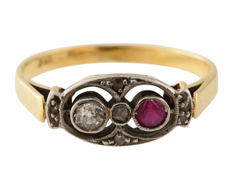 A ruby and diamond two stone ringthe centre collet-set with a circular-cut ruby and old brilliant-cut diamond,  to the oval o