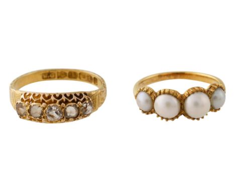 A mid Victorian 15ct yellow gold and gem-set ringset with five white stones (probably white topaz)  to the ornate heart motif