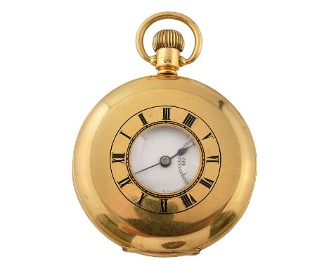 An 18ct gold half hunter keyless pocket watch circular white enamel dial with black Roman numerals, minute track and subsidia