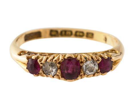 An Edwardian ruby and diamond five stone ringthe three mixed-cut rubies separated by a brilliant-cut diamond, to the 18ct yel