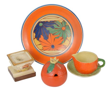 Clarice Cliff Coral Firs pattern inkwell and an Umbrellas and Rain pattern platefirst shape 457, printed Bizarre mark, second