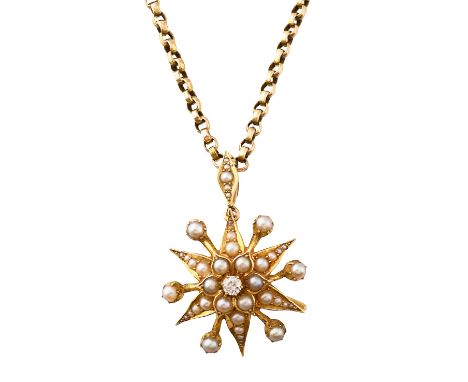 An Edwardian diamond and seed pearl starburst pendant/broochthe pendant stamped Ô15ctÕ, central diamond and seed pearl cluste