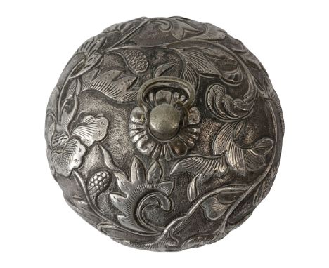 A 19th century Japanese silver ashtray netsuke of bowl form, the exterior repousse decorated with scrolling foliage on a stip