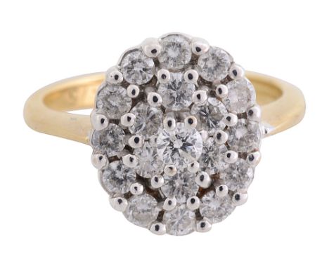 A diamond-set cluster ring, of tired oval form, and set with brilliant-cut diamonds to the tapering 18ct yellow gold shank, h