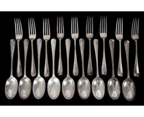 Nine George V silver Hanoverian Rattail pattern dessert spoons and forks Sheffield, 1929, Mappin &amp; Webb, (18)fork length 