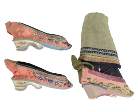 A Chinese plaster model of bound foot and a pair of lotus shoes late 19th / early 20th centuryfirst naturalistically cast and
