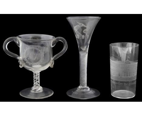 An armorial engraved wine glass c.1760, and two other pieces of engraved glassfirst with drawn trumpet bowl bowl engraved wit