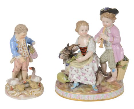 A late 19th century Meissen porcelain figure group of two childrenin the 18th century style, the boy playing a flute and the 