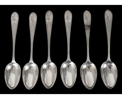 A set of six late Victorian Irish silver bright cut Celtic point dessert spoonsDublin, 1899, John Smyth &amp; Sons, (6)length