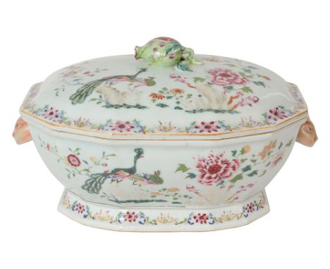 A late 18th century Chinese export famille rose 'double peacock' porcelain tureen and coverof octagonal tapering form with tw